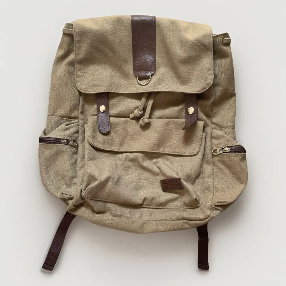 BELLA RUSSO Backpack Unisex Khaki Brown Canvas‎ Drawstring Snap Zippered Pockets